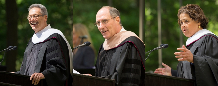 three honorary degree recipients pictured individually speaking at a podium